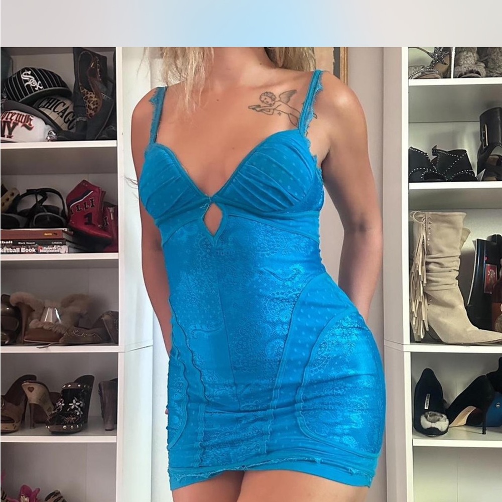 BEBE Turquoise Bodycon Lace Mini Dress - Women